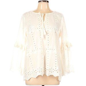 MYSTREE White 100% Cotton Tie-Neck Boho Embroidered Tunic Size L